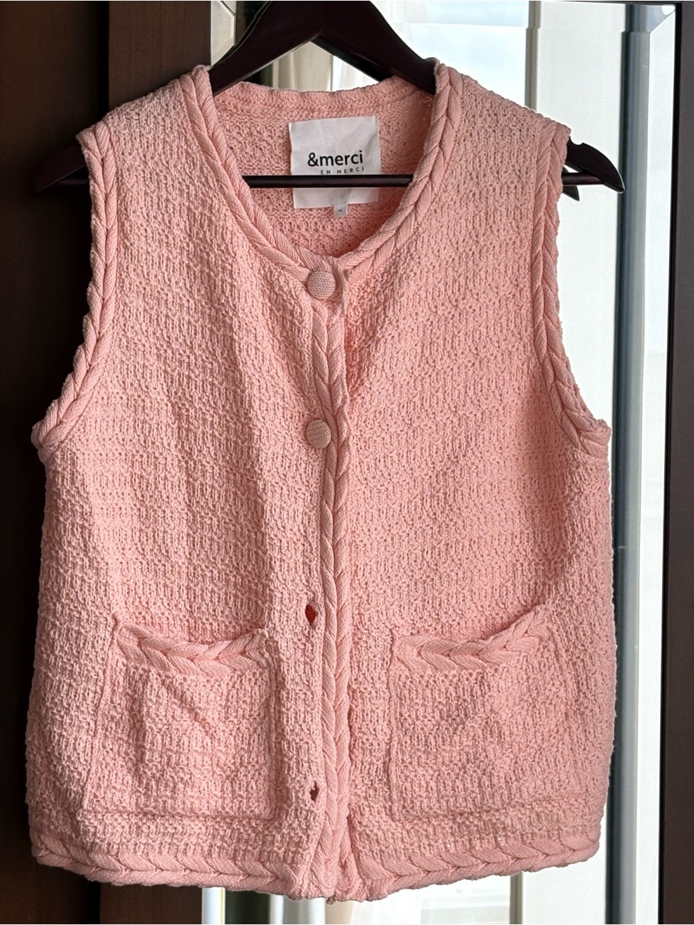 &merci Pink Textured Knit Vest with Braided Trim